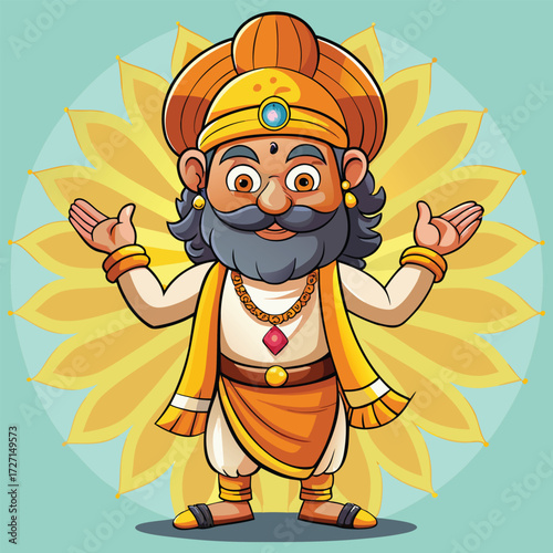 A whimsical cartoon depiction of a god adorned in traditional attire with a grand turban and jewelry, presenting himself with open arms and a benevolent expression.