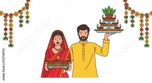 Flat vector illustration of an Indian couple celebrating festival with diyas, floral decorations, red sari, yellow kurta, and festive tray on a white background