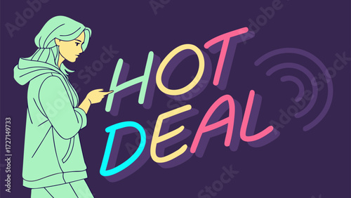 Stylish woman on her phone finds a hot deal online, advertising a limited time sale event with a vibrant modern design, perfect for social media campaigns