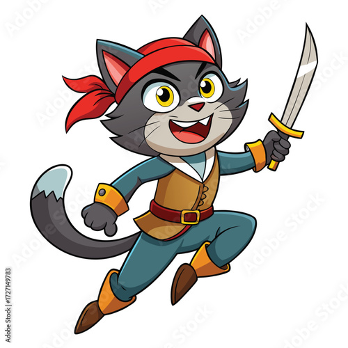 A dynamic and cheerful cartoon cat dressed as a pirate, brandishing a sword with a wide smile, embodying courage and swashbuckling fun.
