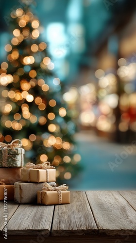 Beautiful Christmas Tree With Colorful Lights and Presents Placed on Wooden T...