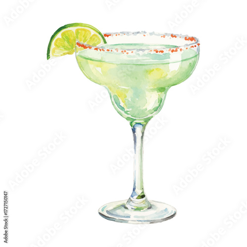 Watercolor Margarita Cocktail Vector Illustration Isolated on White Background, Classic Mexican Drink Clipart for Bar, Party and Menu Design