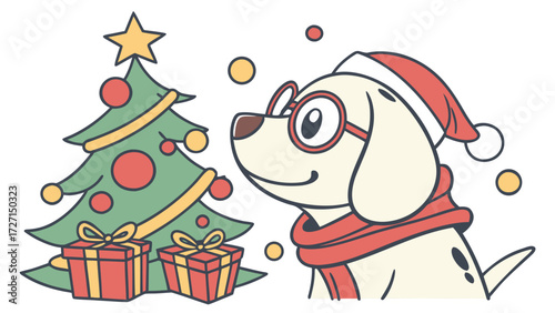 Charming SVG of a Cheerful Dog featuring wearing glasses, styled in a Christmas theme with Festive Cheer hues
