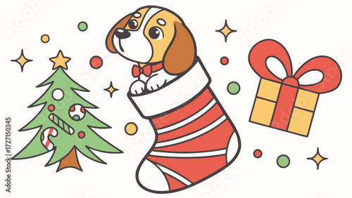 Festive Cheer colored Dog with a Surprised touch, placed in a Christmas theme and styled with snuggled in a sock