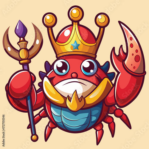 A charming and whimsical depiction of a king crab adorned with a crown and holding a regal scepter. Perfect for fantasy, ocean-themed, or playful designs and games.