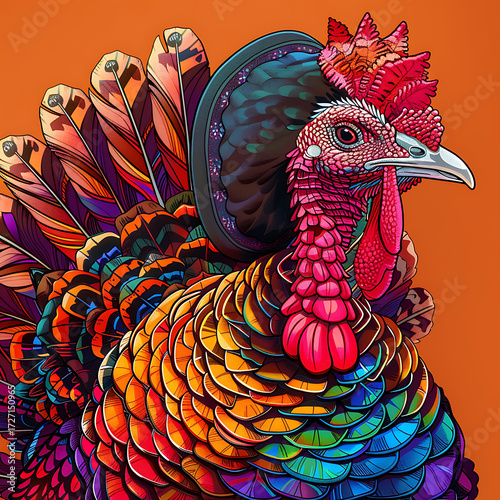 Hand drawn vector illustration of a rooster on a colorful background.