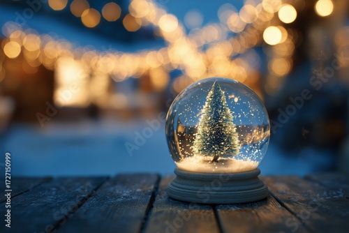 Snow Globe With a Snow-Covered Tree Surrounded by Warm Glowing Lights at Night.