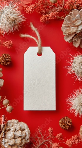 Blank Tag Surrounded by Decorative Natural Elements on a Red Background in Au...