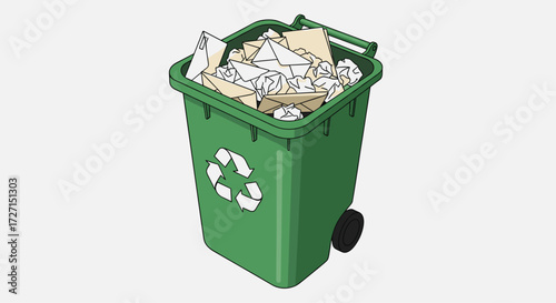 Flat vector illustration of a green recycling bin filled with paper and cardboard, eco-friendly waste container with recycle symbol on white background