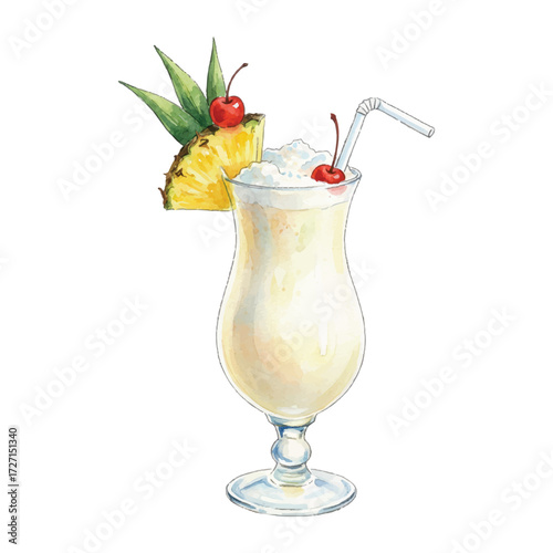 Watercolor Piña Colada Cocktail Vector Illustration Isolated on White Background, Tropical Drink Clipart for Bar, Beach Party and Menu Design
