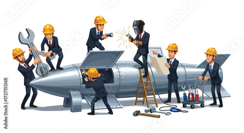 Flat vector illustration of business people in suits and helmets repairing a broken rocket, teamwork and problem-solving concept on white background