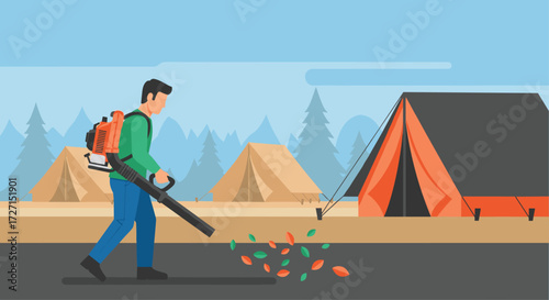 Flat vector illustration of a worker using a leaf blower at summer camp with tents, pine trees, blue sky, and minimal design in clean flat colors