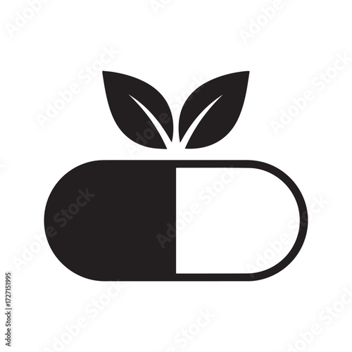 Herbal Pill Icon. Black silhouette of a capsule with leaves, representing natural medicine, organic supplements, and alternative healthcare. Vector logo.
