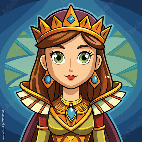 A vibrant portrait of an Egyptian queen adorned with a golden crown, elaborate jewelry, and a detailed royal costume, suitable for game avatars or thematic designs.
