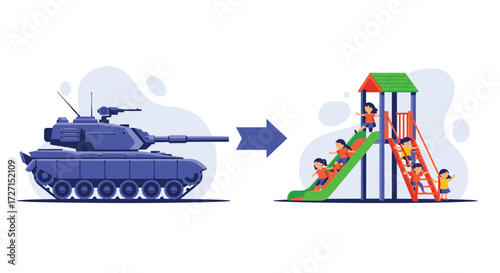 Tank transforms into playground with children enjoying playtime.