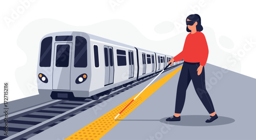 Woman with VR headset walks near train tracks using cane.