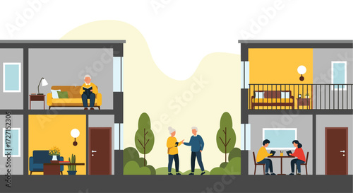 Neighbors interacting in front of their modern homes.