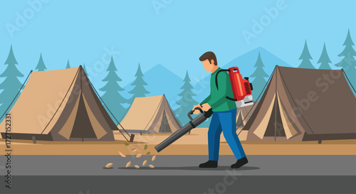 Flat vector illustration of a worker using a leaf blower at summer camp with tents, pine trees, blue sky, and minimal design in clean flat colors