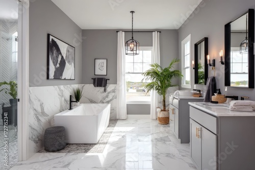 Modern, bright bathroom with a large window, showcasing a spacious soaking tub and double vanity