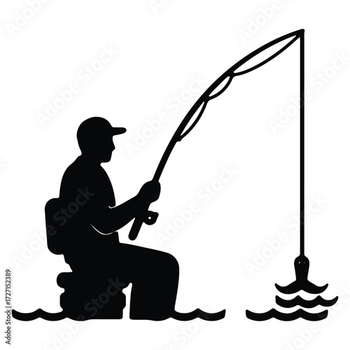 Silhouette of a fisherman sitting and fishing in the water illustration