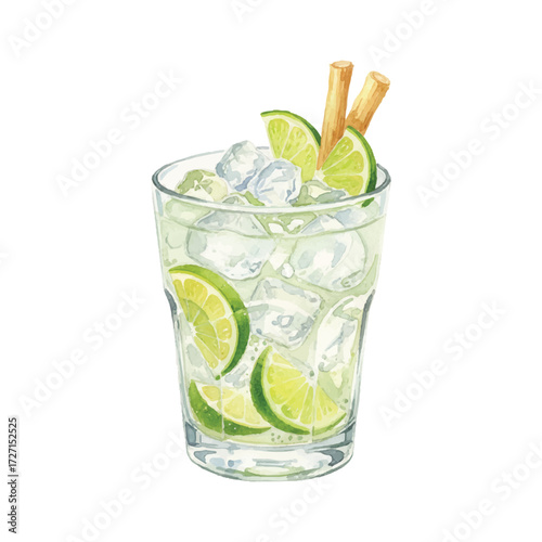 Watercolor Vector of Caipirinha Cocktail with Lime and Ice on White Background
