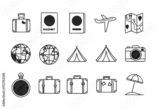 A collection of travel icons featuring various luggage, a globe, tent, and camera on a white background
