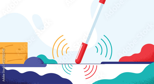 Blind cane detecting obstacles and ground texture with sound waves illustration.