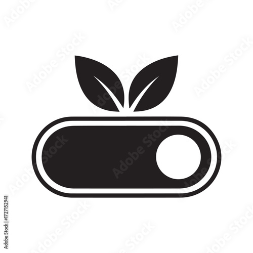 Herbal Pill Icon. Black silhouette of a capsule with leaves, representing natural medicine, organic supplements, and alternative healthcare. Vector logo.
