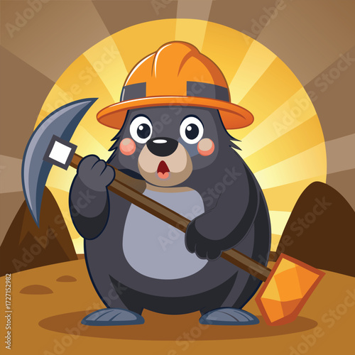 A delightful cartoon mole dressed as a miner, sporting a hard hat and holding a pickaxe, is ready for underground excavation and adventure. This image evokes a sense of playful hard work.