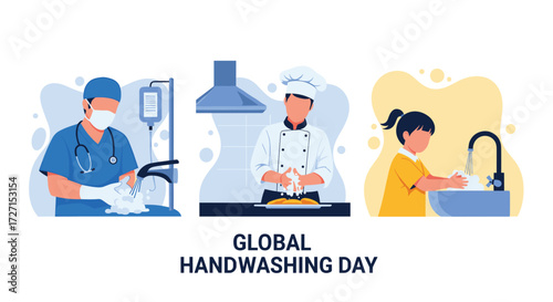 Global Handwashing Day illustration showing doctor chef and child washing hands.