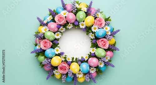 Easter wreath made of colorful spring flowers, leaves and easter eggs. wallpaper Natural round frame layout with paper card. Flat lay. 

