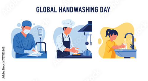 Global Handwashing Day illustration showing diverse people washing hands.
