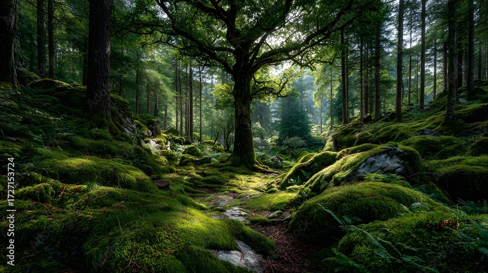 Obraz premium Enchanting wide shot of a sun-dappled forest floor covered in a lush, undulating carpet of vibrant green moss, with light piercing the canopy.