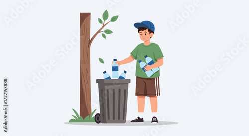 Flat vector illustration of a boy recycling plastic bottles into a trash can, wearing green t-shirt, shorts, and cap with light gray background and tree beside him