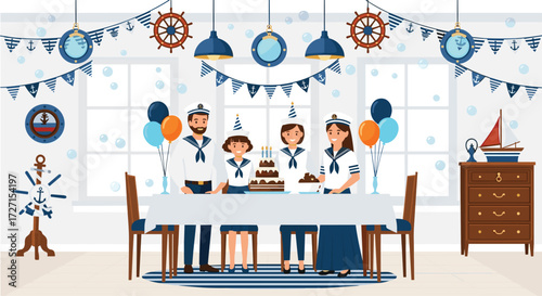 Flat vector illustration of a family celebrating birthday in sailor outfits with nautical theme, cake, balloons, garlands, and marine decorations in bright cozy room