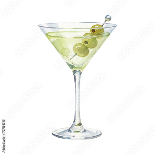 Watercolor Vector of Martini Cocktail with Green Olives on White Background