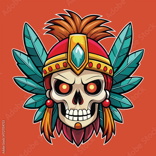 A stylized skull adorned with an elaborate Aztec warrior headdress featuring vibrant feathers and glowing fiery eyes. This striking image evokes ancient cultures and powerful symbolism.