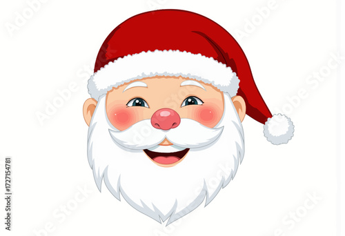 Cheerful Santa Claus Face Illustration with Red Hat and White Beard, Featuring Bright Smile and Rosy Cheeks