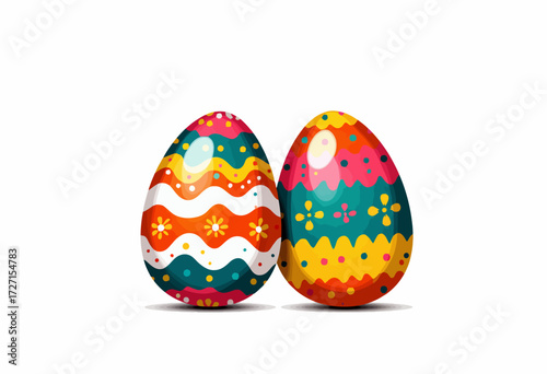 Two Vibrantly Painted Easter Eggs with Colorful Patterns and Designs on a White Background Depicting Traditional Springtime Holiday Celebrations