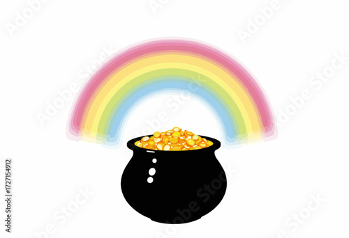 A mystical pot brimming with gold coins stands at the end of a vibrant rainbow, symbolizing fortune, prosperity, and the magical folklore surrounding Leprechaun legends.