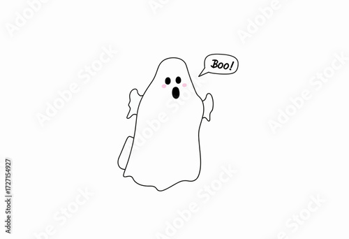 Simple Illustrated Ghost with a Speech Bubble Saying Boo on a Blank Background