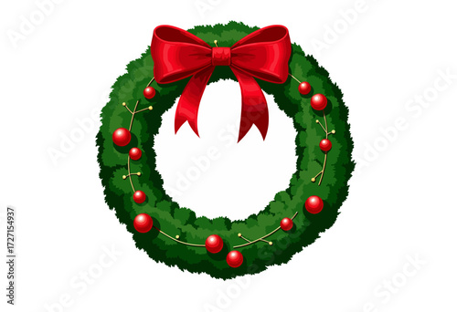 Festive green Christmas wreath adorned with red bow, baubles, and golden accents, symbolizing holiday celebration and traditional seasonal decoration for home and events