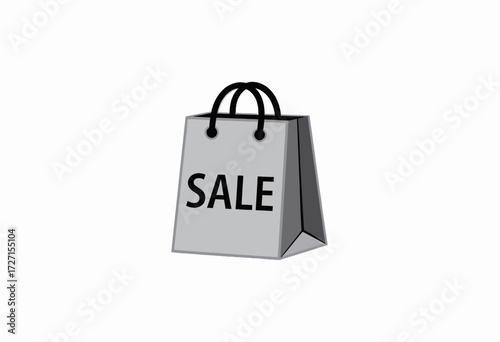 Illustration of a grey shopping bag marked with the word 'Sale', symbolizing retail discounts and promotional advertising on white background