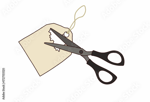 Illustration of scissors cutting through a paper tag with jagged edges, emphasizing themes of separation, crafting, and modification