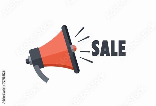 Illustration of a Red Megaphone Announcing a Sale with Bold Text on a White Background Perfect for Shopping Promotion and Marketing Campaigns