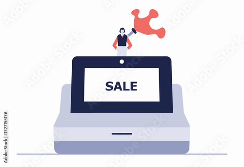 Illustration of a Salesperson Announcing a Discount Promotion on a Tablet Register with a Megaphone Icon