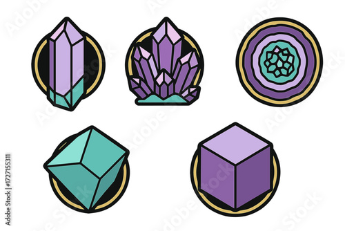 Variety of stylized magical crystals and precious gemstones in various geometric shapes and vibrant colors with golden accents