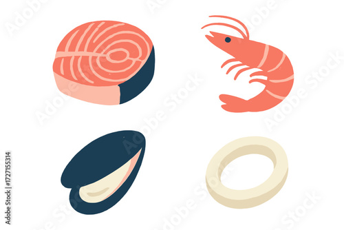 Fresh seafood assortment featuring salmon steak, shrimp, mussel, and calamari ring, perfect for healthy culinary themes