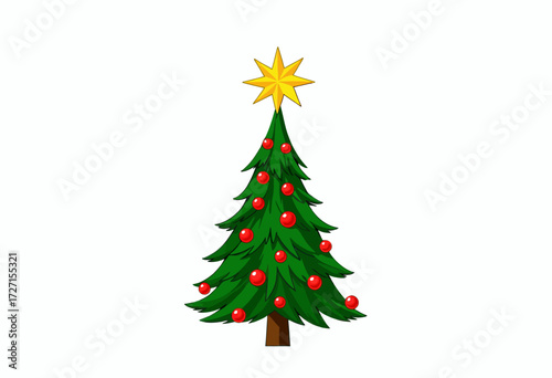 Illustration of a Classic Christmas Tree Adorned with Red Baubles and Radiant Star Set Against a Minimalist White Background