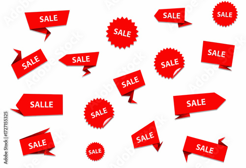 Numerous Red Sale Tags on White Background Highlighting Various Discount Styles for Promotional and Marketing Campaigns